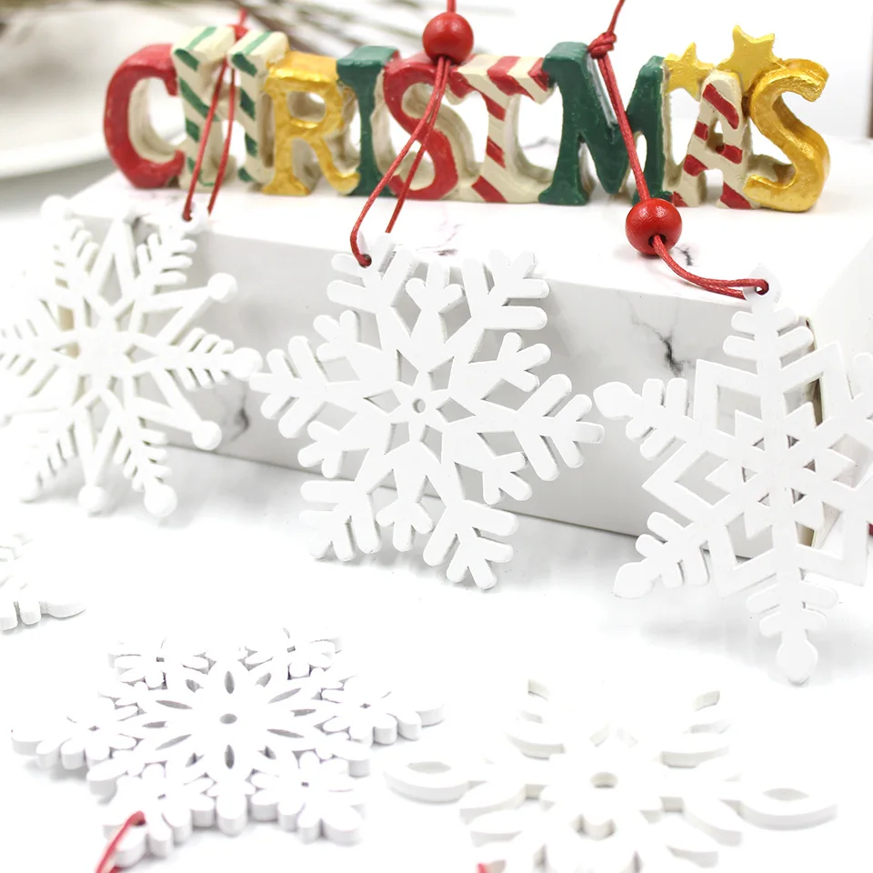 6pcs DIY White&Red Snowflakes Christmas Wooden Pendants Ornaments For Xmas Tree Ornaments Christmas Party Decorations Kids Gift