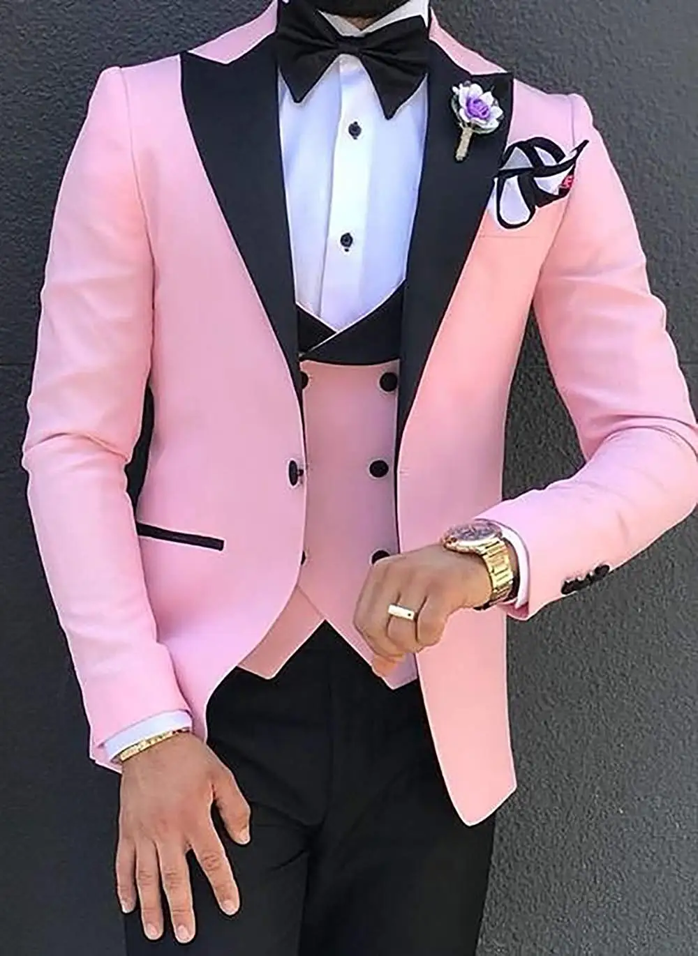Мужской костюм из 3 предметов, строгий приталенный однотонный смокинг с отворотом, смокинг для жениха, для свадьбы, розовый цвет шампанского, белый(Блейзер+ жилет+ брюки - Цвет: Розовый