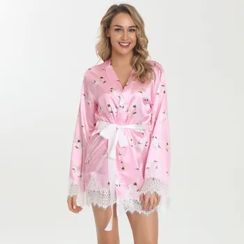 

Sexy Short robes for women Deep V-neck Lingerie Nightgown Women Printing Robe Satin Bathrobe With Belt Sleepwear Bridal Gown