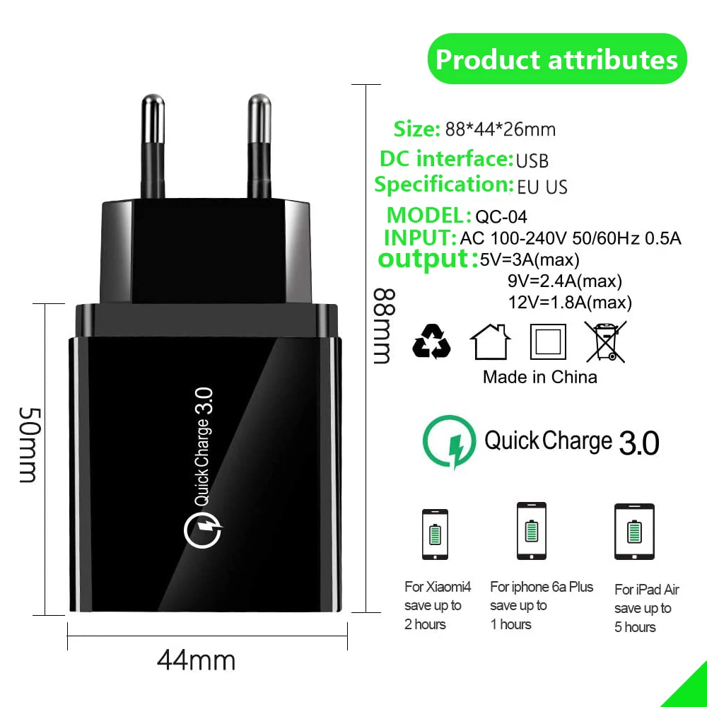 Быстрое зарядное устройство 3 0 USB для iPhone 7 8 Xiaomi mi9 Samsung A50 A30 Tablet QC быстрое настенное