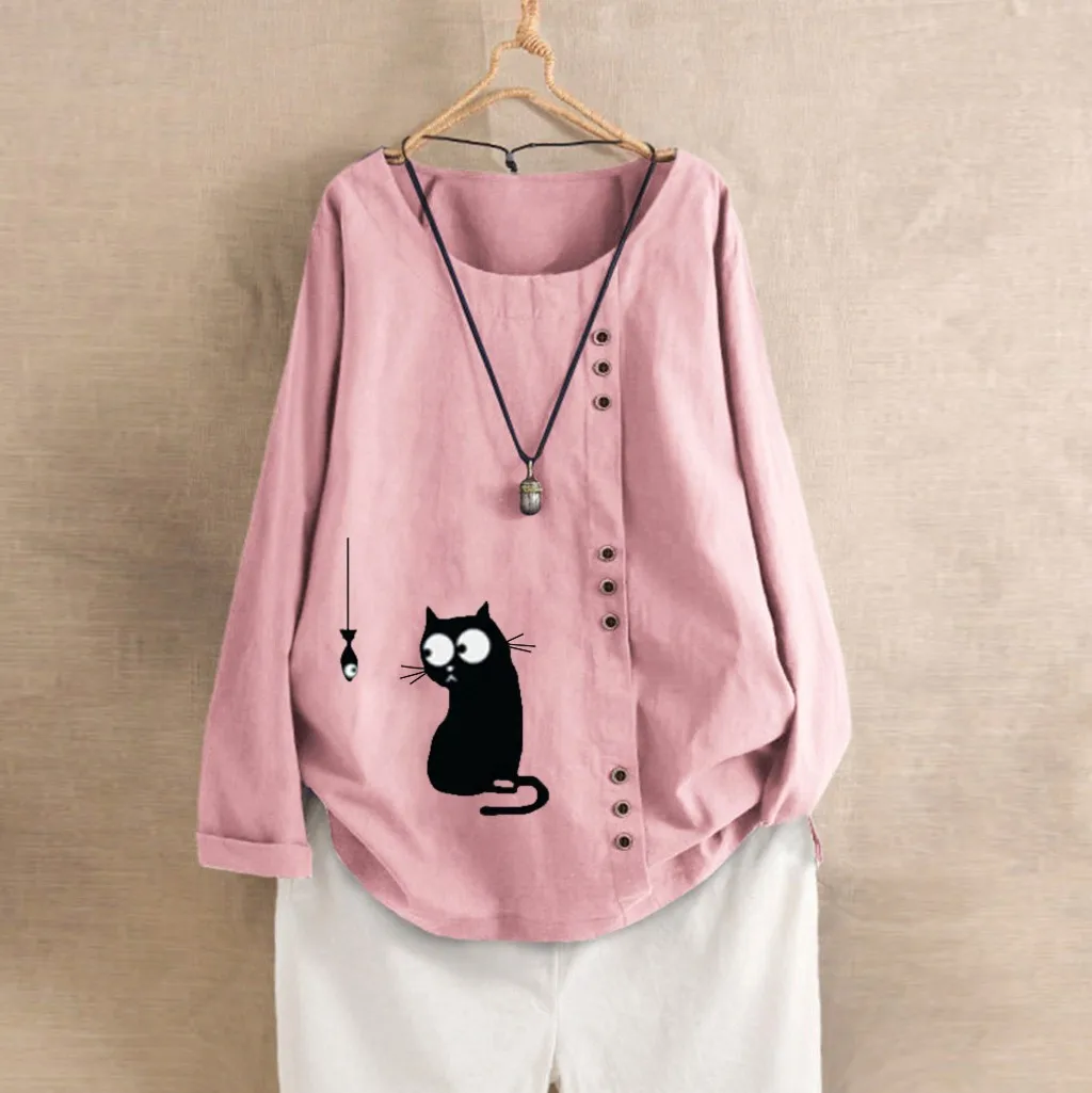 JAYCOSIN женские рубашки свободного кроя с принтом кота размера плюс, повседневные пляжные винтажные забавные розовые трендовые элегантные летние рубашки с круглым вырезом, топы M-5XL