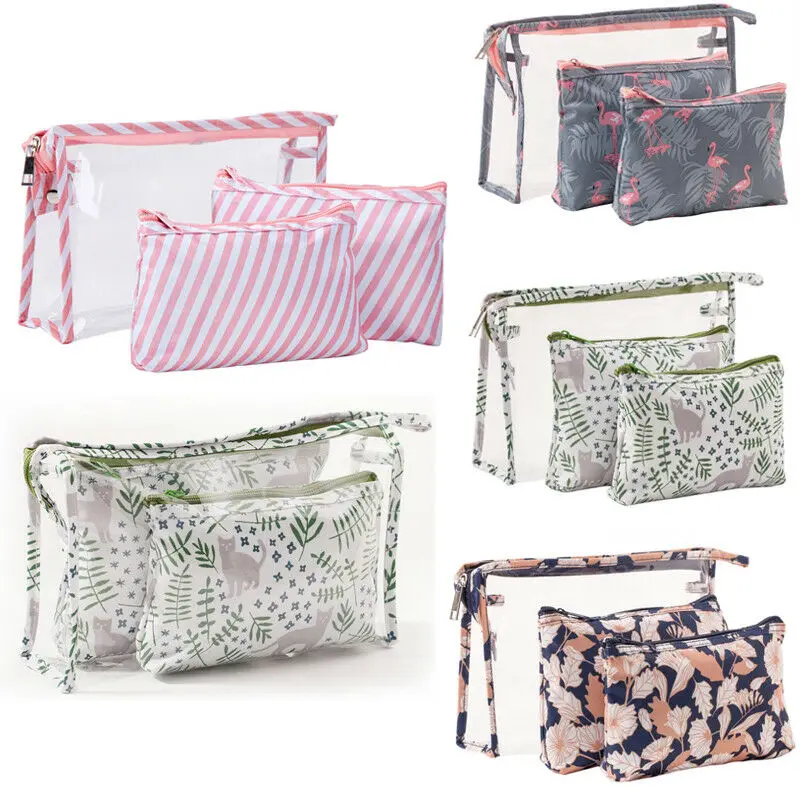 

Set of 3Pcs Flamingo Flower cosmetic bag for make up Toiletry Clear PVC Travel Wash Bag Holder Pouch Kits transparent clear bag