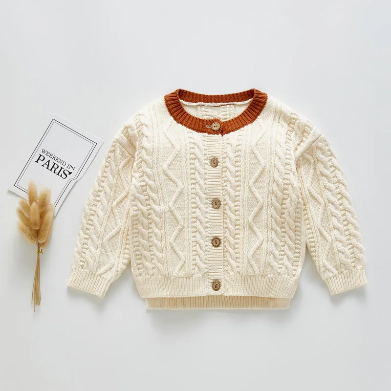 INS/ Вязанная одежда для маленьких девочек, свитер, зимний Кардиган для новорожденных, свитера, куртки для маленьких мальчиков - Цвет: Бежевый