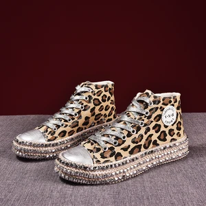 Women Sneakers Leopard Rivets Shoes Women Canvas Shoes Leisure Lace-Up High Top Sneaker Basket Shoes Zapatos De Mujer W36-31