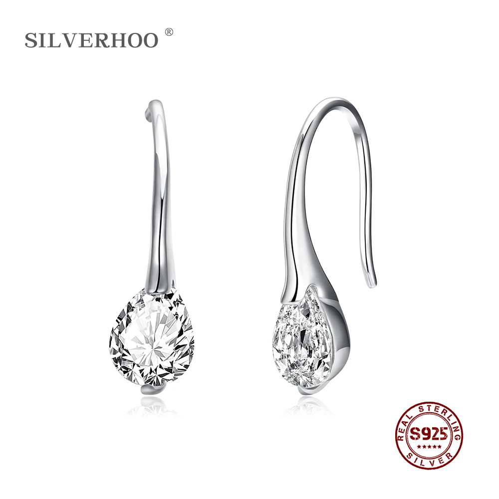 

SILVERHOO 925 sterling silver water drop zircon earrings women's Brincos de Feminino fashion crystal jewelry romantic gift earri