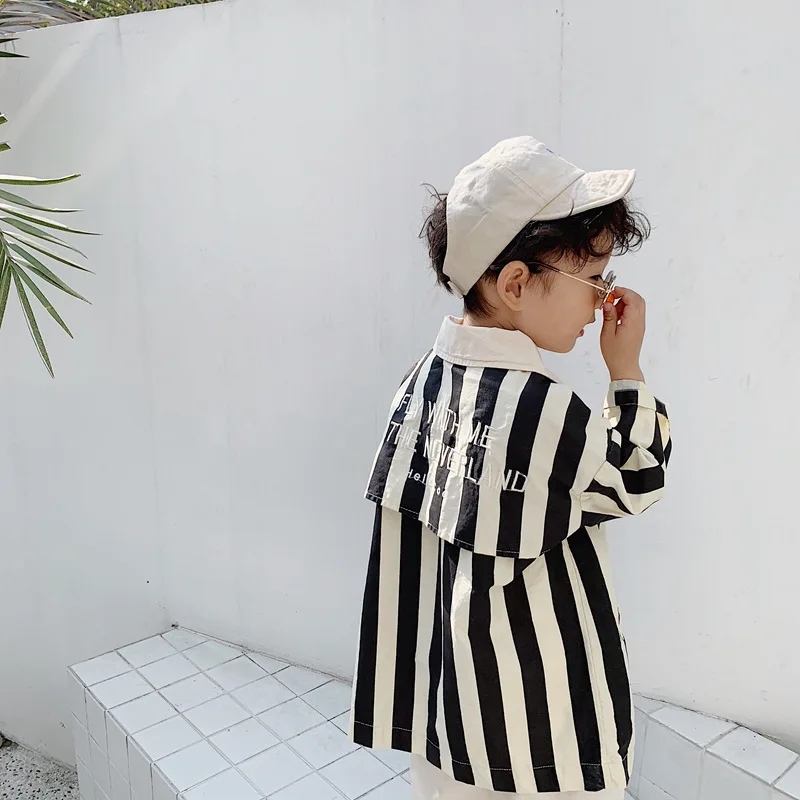 

Boys girls back letters embroidery striped trench jackets Spring kids loose casual double-breasted long coats