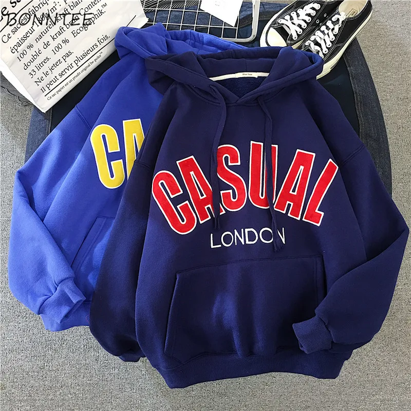 

Hoodies Women Letter Thicker Plus Velvet Warm Pockets Hooded Womens High Quality Korean Style Harajuku Female Leisure Pullover