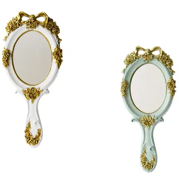 

2x Creative Vintage Hand Mirrors Makeup Vanity Mirror Handheld Cosmetic Mirror with Handle for Gifts Blue & White