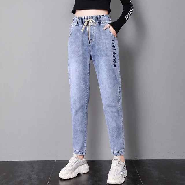 Woman Jeans Pants Elastic Waist Jeans Women Loose 2021 Spring High Waist  Cropped Pantalones Vaqueros Mujer - AliExpress