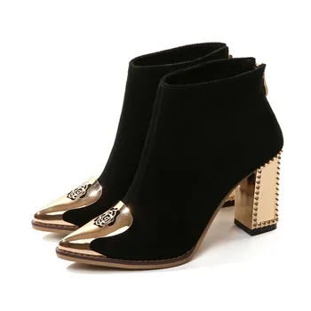 

Womens Metal Toe Ankle Boots Block High Heel Suede Leather Shoes Beads Warm Winter Shoes New 2020 Zapatos Para Mujer