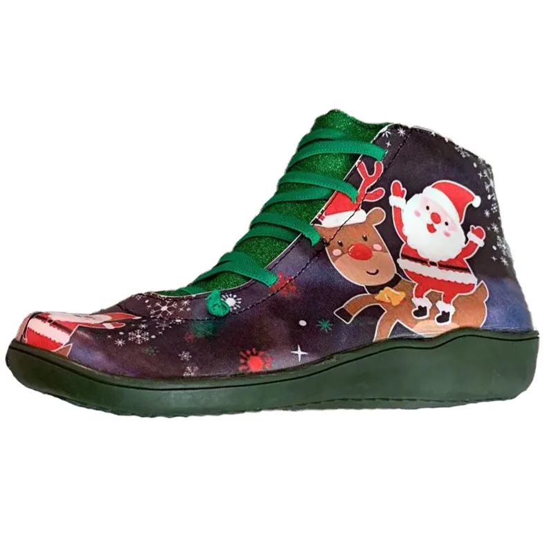 

2019 Christmas Print Women Boots Fashion Genuine Leather Ankle Boots Retro Lace Up Zapatos De Mujer Vintage Warm Botas