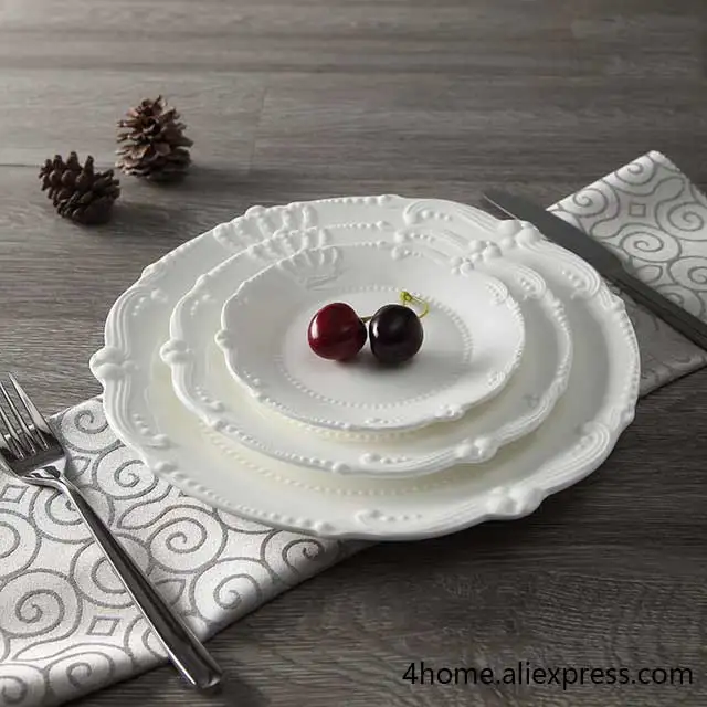 Рельефная керамическая обеденная тарелка, твердая белая фарфоровая основная тарелка, подносы для десерта
