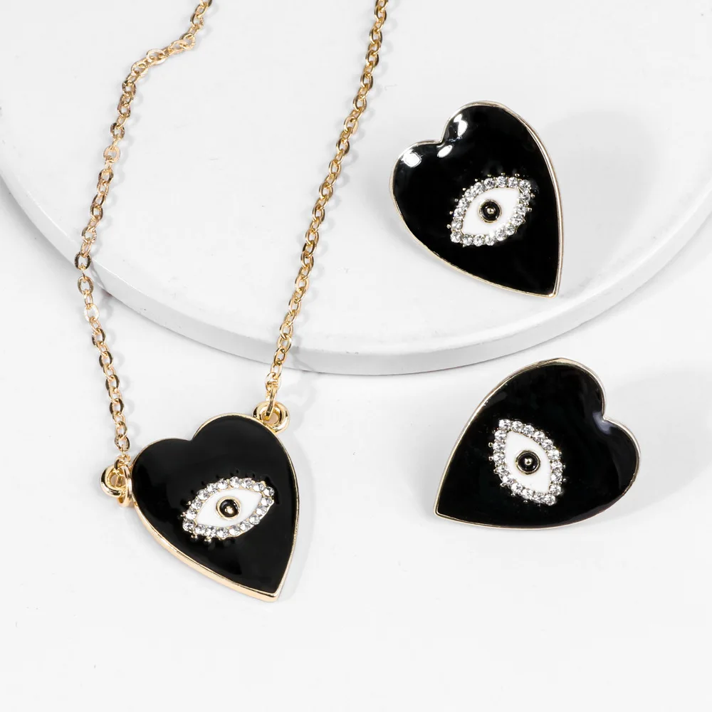 

Bohemia Crystal Evil Eye Heart Pendant Necklace Earrings Sets for Women Vintage Gold Chain Statement Party Bridal Jewelry Sets