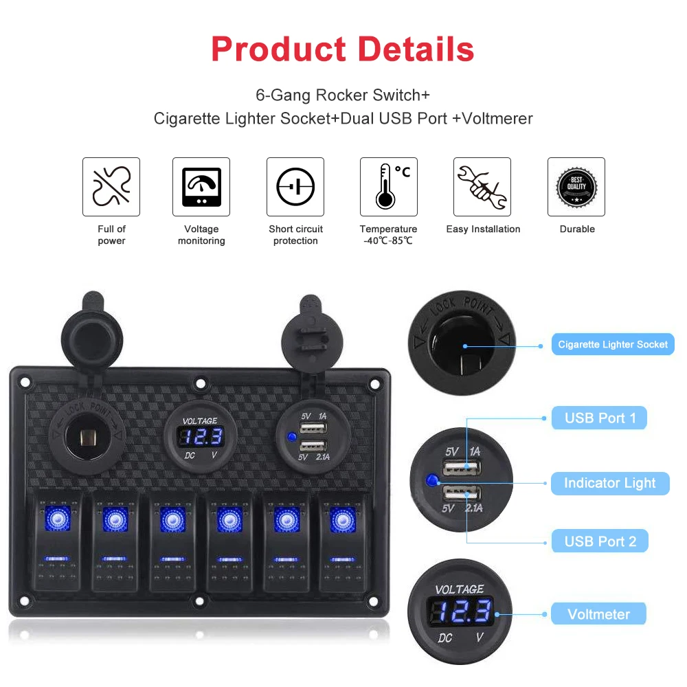 보트 스위치 패널, 자동차 스위치 패널, 방수 디지털 전압계, 듀얼 USB 포트, 12V 콘센트 조합, 해양 LED 로커, 6 갱