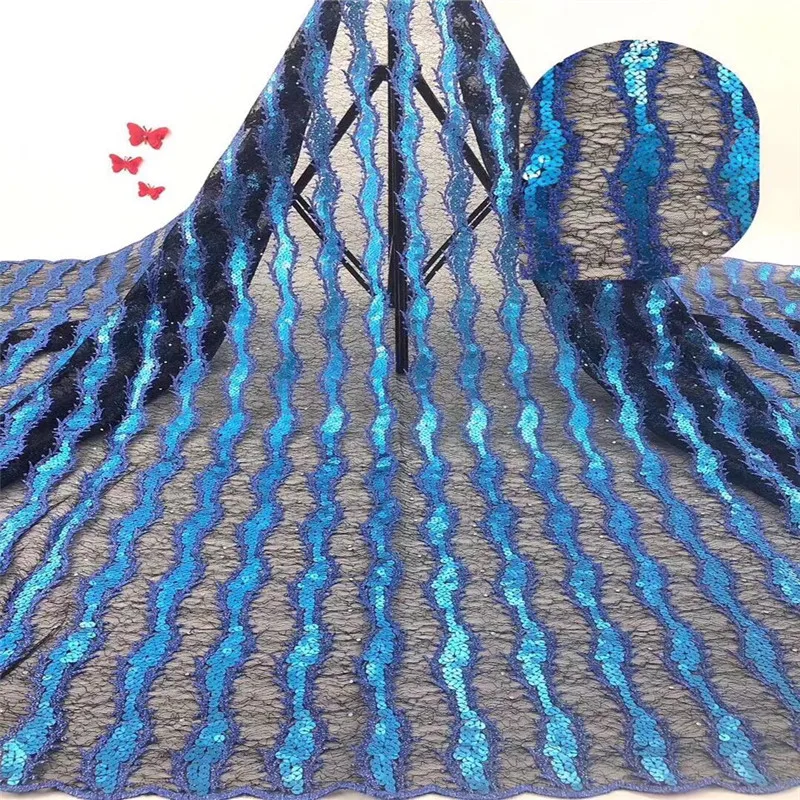 

New Nigerian Tulle Net Lace Fabric Mesh Sequence Nigeria Net Lace Fabrics Turquoise Blue African Lace Fabric With Sequins Stones