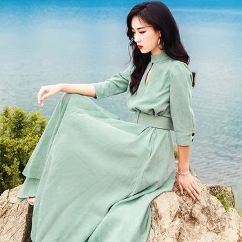 

2019 Autumn Vintage Women Long dress Corduroy Careful Big Pendulum Dresses Green 1310