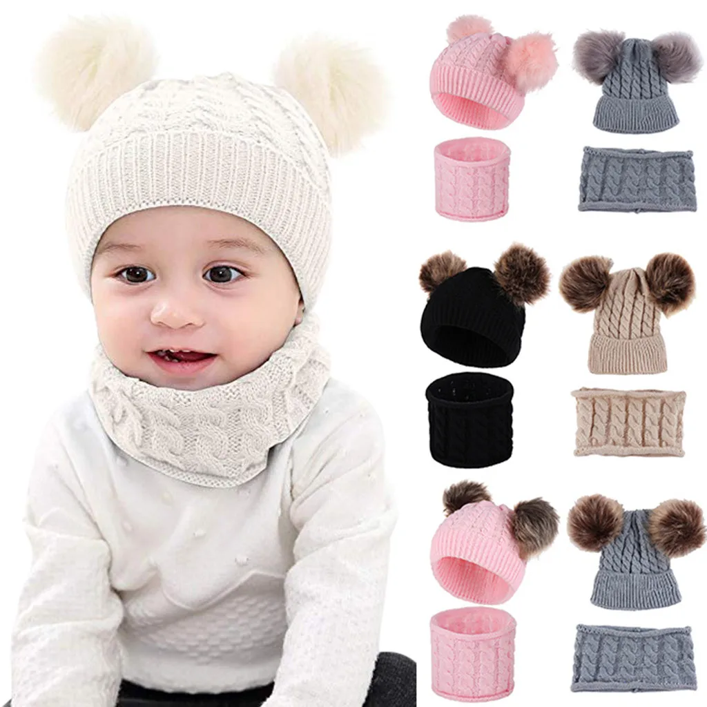 winter baby hats newborn Kids fur pom pom hat baby Boy Girl Pom pom Hat Winter Warm Knit Crochet Beanie Cap Scarf gorro bebe#y3