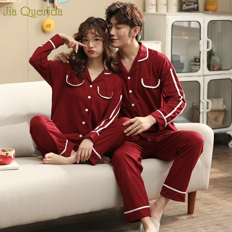 

Red Pajama Set Cotton Couple Home Clothes 2020 New Spring Men and Women's Matching Sleepwear Long Sleeve Cardigan Couple Pajamas