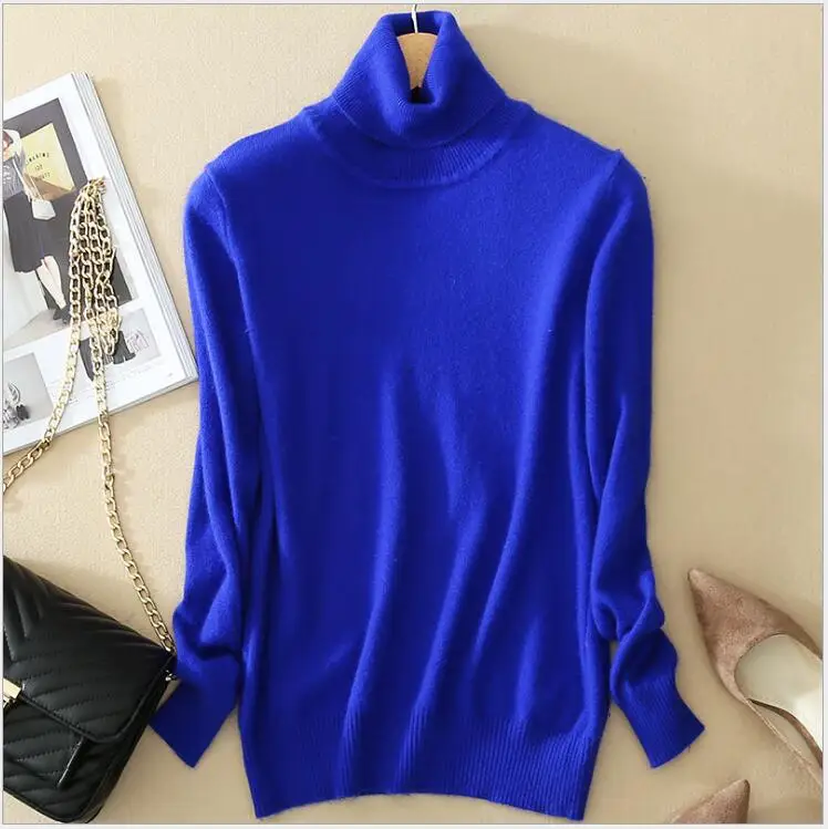 Royal blue Осенне-зимние мягкие кашемировые пуловеры с высоким воротником, Свитера Женские тонкий свитер женская одежда пуловеры F93 - Цвет: Royal blue