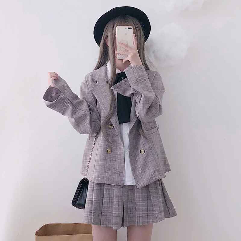 

Sweet Women's 3 Pieces Plaid Suit Set: Mini Skirt + Jacket Blazer + White Shirt Long Sleeve Blouse Cute Student Preppy Style