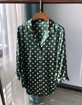 

Shirt Vintage French Style Green Polka Dot Notched Slip Silk Three Quarter Sleeve Women Blouse