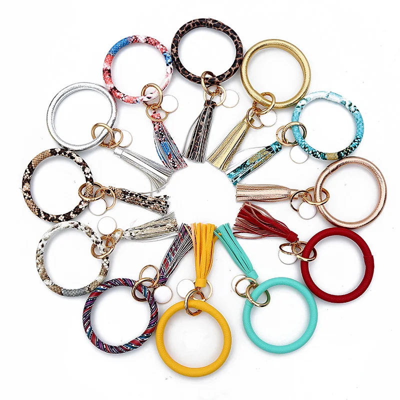 

New Fashion Multicolor PU Leather O Key Chain Custom Circle Tassel Wristlet Keychains Women Girl Key Ring Jewelry Gift