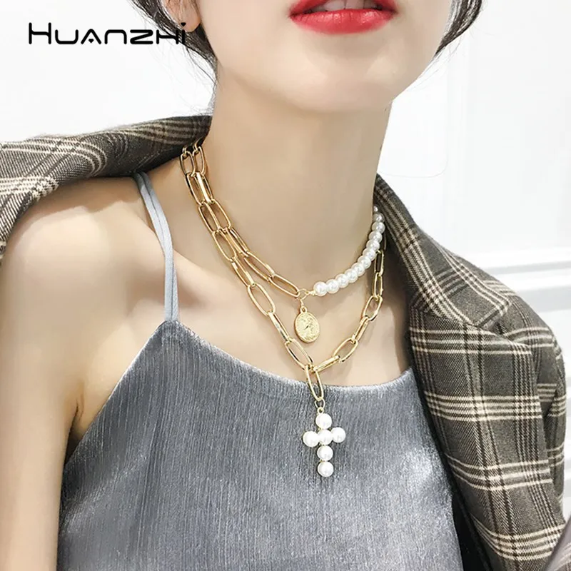 

HUANZHI 2019 Double Layer Imitation Pearls Cross Pendant Personality Design Metal Chain Necklace for Women Girls Travel Jewelry