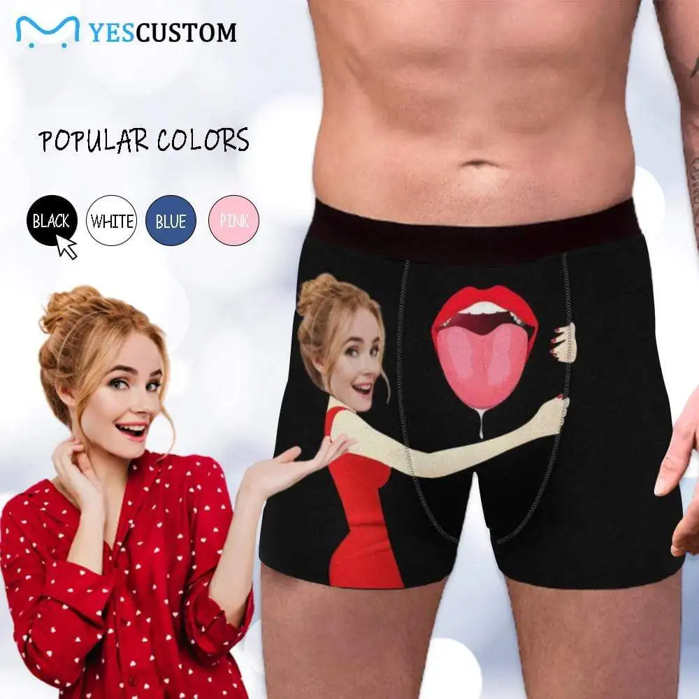 M Yescustom Custom Face Big Tongue Men's Print Boxer Personalize Photo Briefs Valentines Day husbandGift Cotton Casual Underwear | Мужская