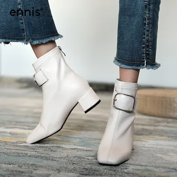 

ENNIS Genuine Leather Beige Boots Square Toe Black Heeled Ankle Boots Women Shoes Chunky Heels Short Boots Winter Autumn A0202