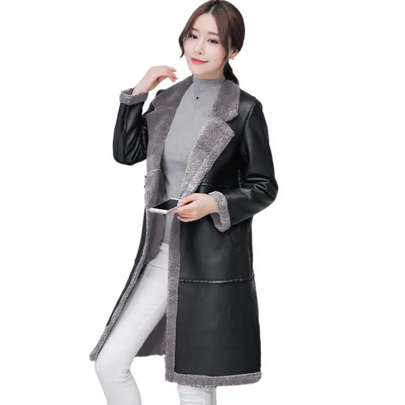 

Long leather jacket plus velvet coat women 2019 fashion one buckle winter plus velvet leather jacket fur one motorcycle jackets