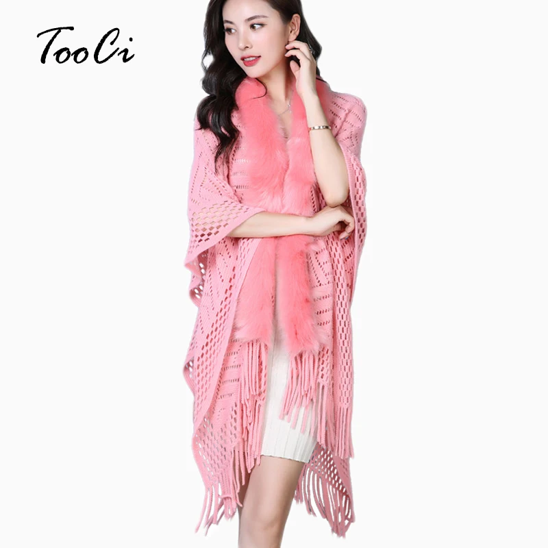

Women Faux Fur Coat Winter Pink Sweater Cardigan Female Fox Fur Collar Poncho Cape Bridal Wedding Wool Shawl Cape Scarf