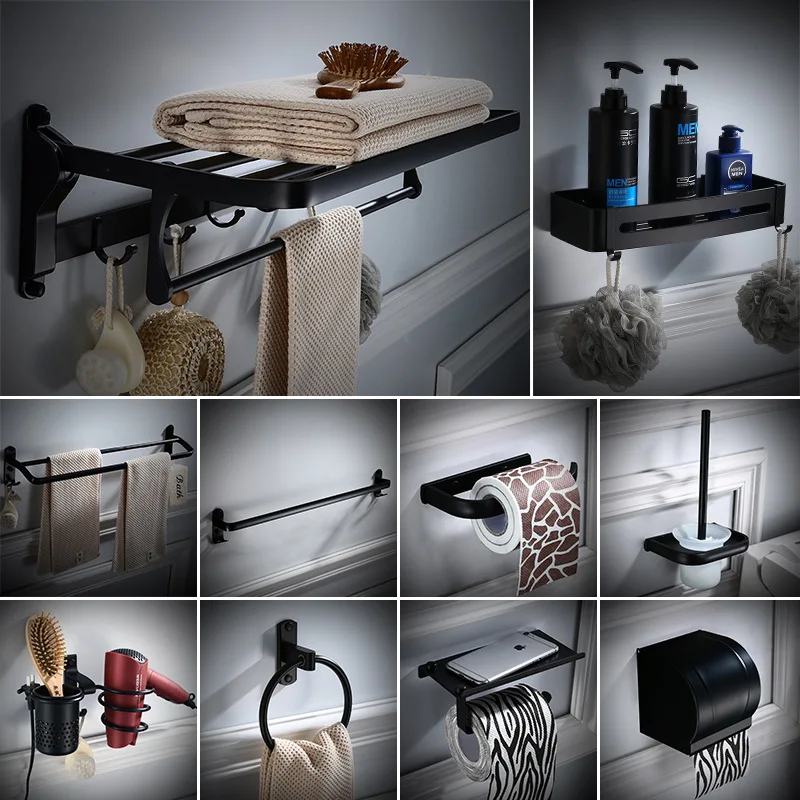 

Black And White with Pattern Alumimum Towel Rack European Style Folding Towel Rack Hardware Bathroom Pendant Storage Rack Set Ho