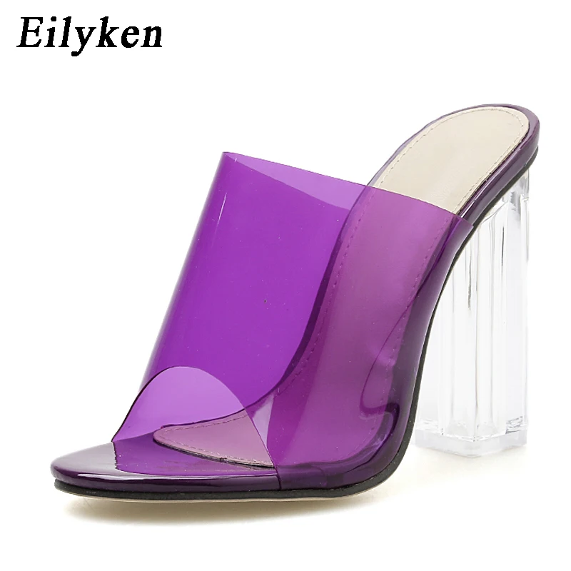 Purple Eilyken, новинка, модный, из ПВХ, прозрачный шлепанцы со стразами; Босоножки с открытым носком; женские босоножки на каблуках Летние тапочки Туфли-лодочки - Цвет: Purple