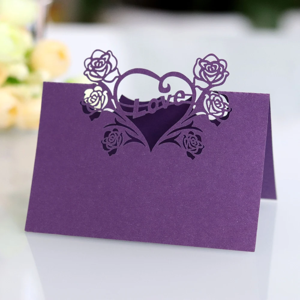 Birthday Party Decor Place Cards Laser Cut 50 Pcs Hollow Pattern Heart Shape Wedding Event Table Name Card Flower Decoupage