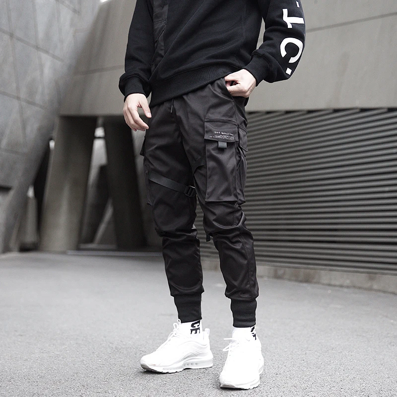 Мужские штаны-карго с цветными лентами и черным карманом, шаровары, штаны для бега Harajuku, спортивные штаны в стиле хип-хоп, повседневные штаны