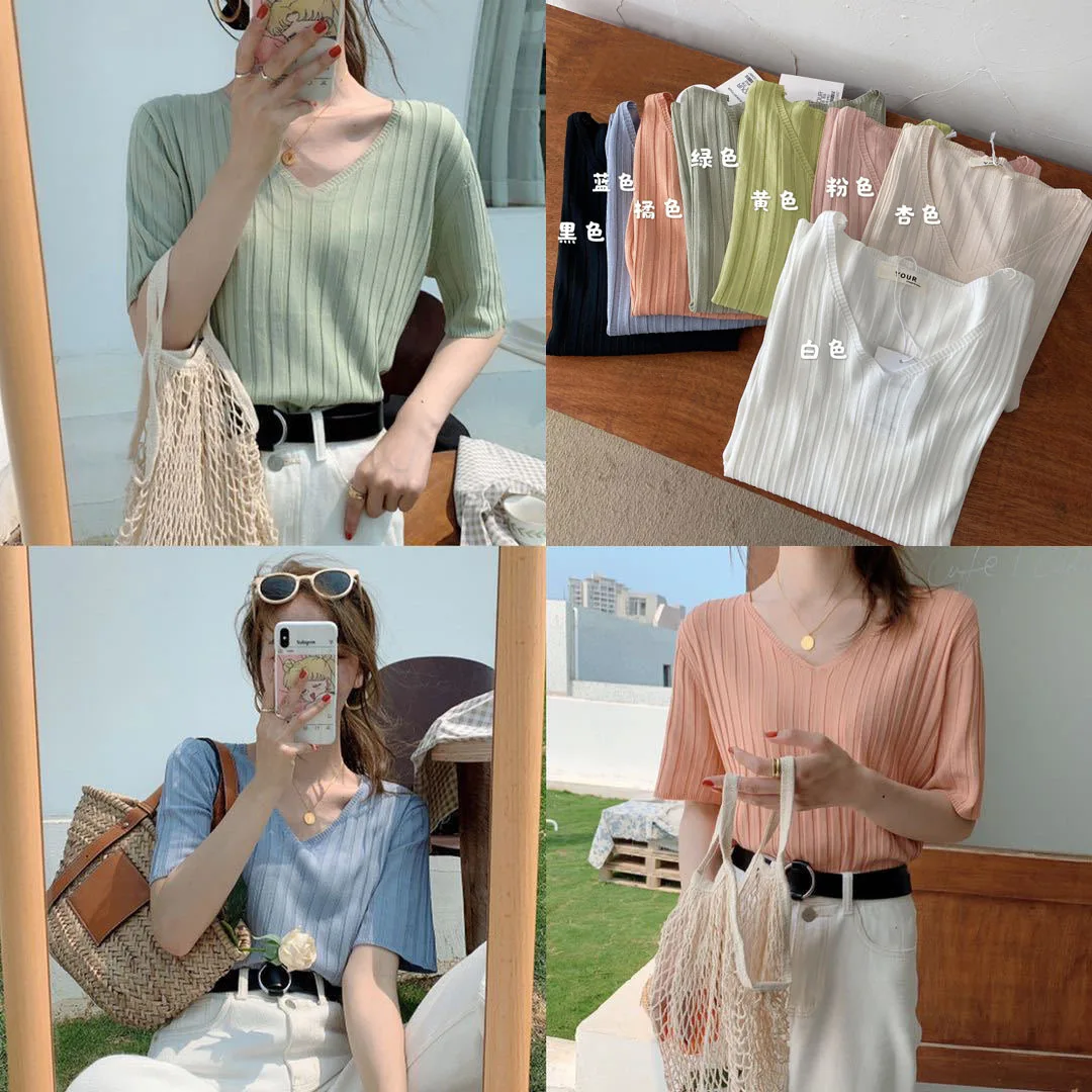 

2021 Ins New Fashion Women V-neck Knit Shirts Women Summer Basic Shirts Tops Shirts Women Clothing