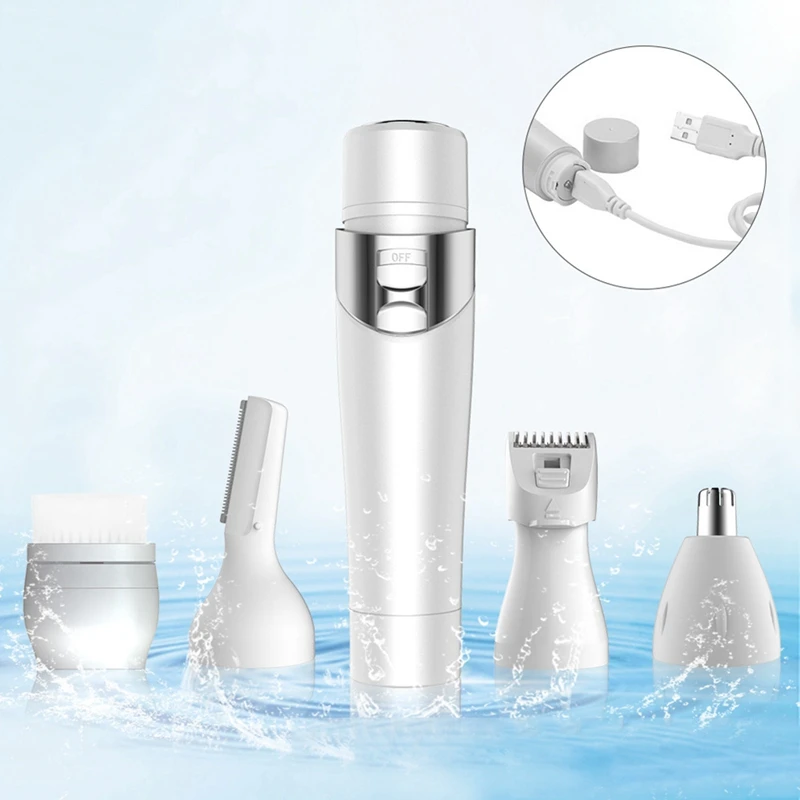 

5 in 1 Womens Electric Razor Painless IPX4 Waterproof Bikini Trimmer Facial Brush USB Charging Nose Trimmer Eyebrow Trimmer Body