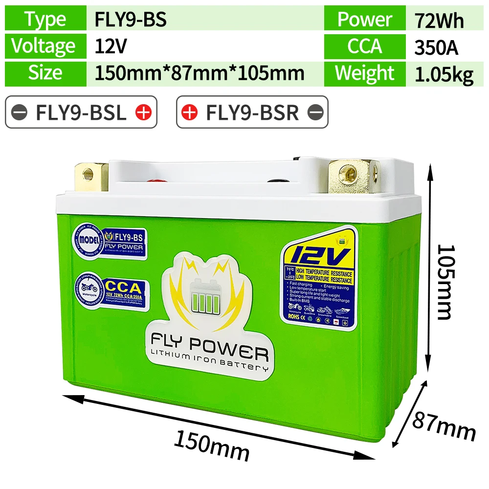 FLY9-BS 12V 72Wh CCA 350A LifePO4 Motorcycle Battery Lithium iron Start Battery Replace YTX9-BS for ATVs Jet Ski's Snowmobiles