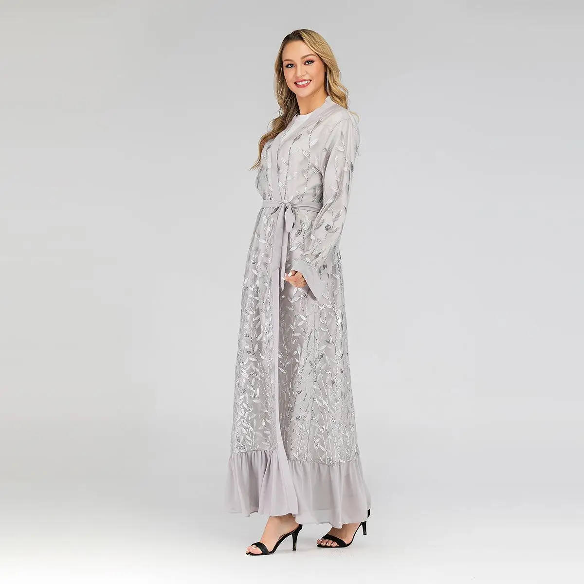 Серый Дубай кружева abaya открытый кафтан вышивка длинный кардиган платье мусульманские женщины jilbaw халат драпированный дизайн лоскутное Арабский исламский - Цвет: Серый