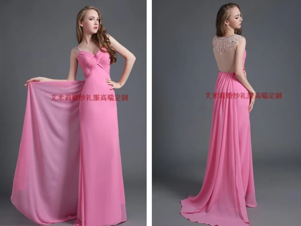 

summer dress sexy sweetheart crystal beading pink chiffon long Prom Dresses vestidos 2015 new style Custom Made evening dress
