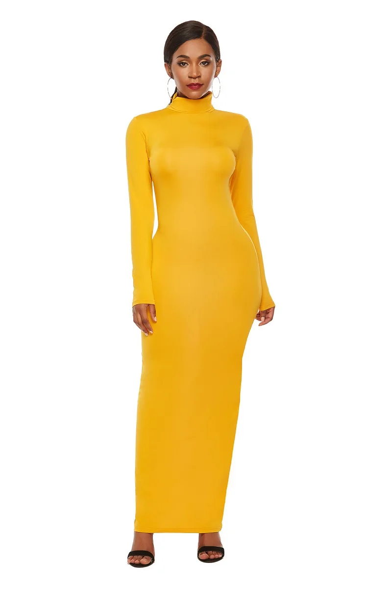 

Elegant Form Fitting Long Dress Women Autumn Big Stretchy Bodycon Turtle Neck Party Solid Long Sleeve Dresses
