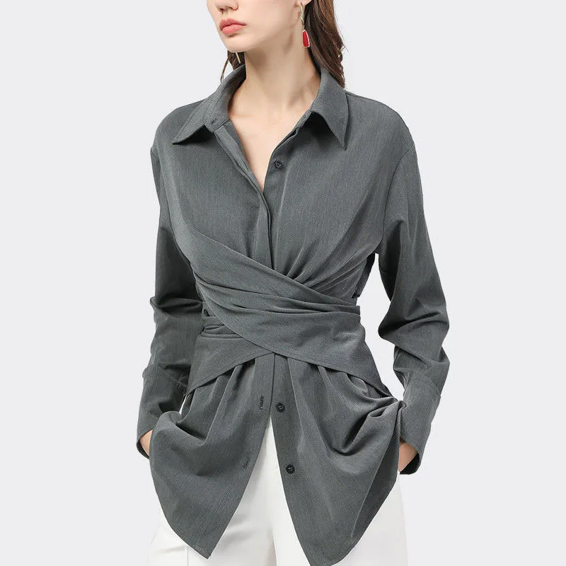 

Blouses Women's Plus Size Blusas 2020 Autumn Cotton Splicing Long Sleeves Irregular waist belt Primer Shirts Skinny Tops Ladies