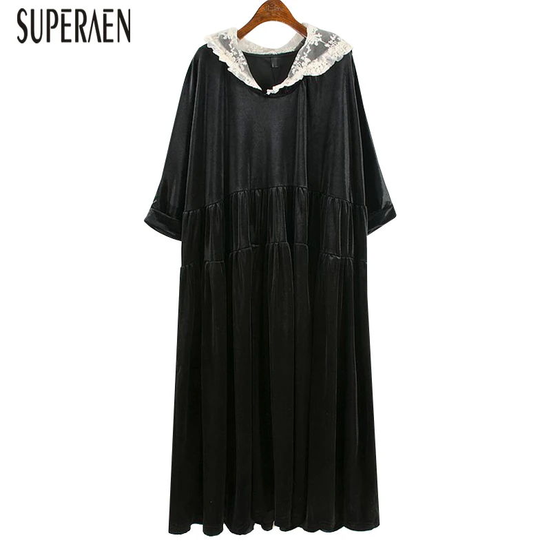 

SuperAen 2019 Fashion Women Dress Pluz Size Lace Hooded Long-sleeved Ladies Velvet Dress Solid Color Autumn New Women Clothing