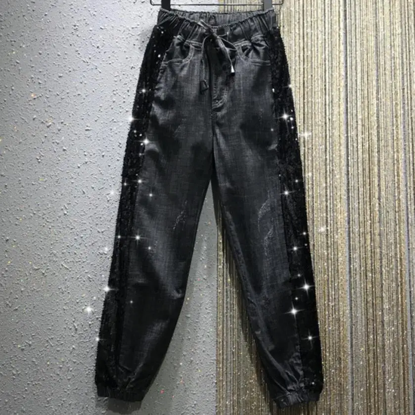 

2019 autumn new heavy work sequins jeans women elastic waist casual loose harem pants