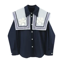 

Female Spring Vintage French Flower Sailor Collar Blouse Women Patchwork Long Sleeves Korean Buttons Loose Blue Shirt Lady Tops