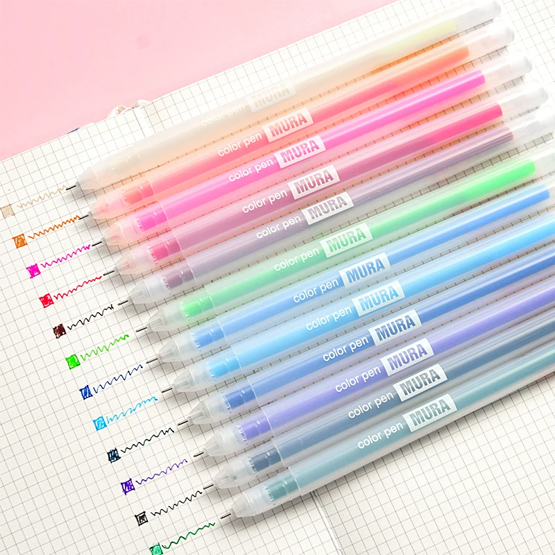 12pcs Color Gel Ink Pen Set Ballpoint 0.5mm Transparent Body Colorful  Marker Liner Highlighter Drawing A6127