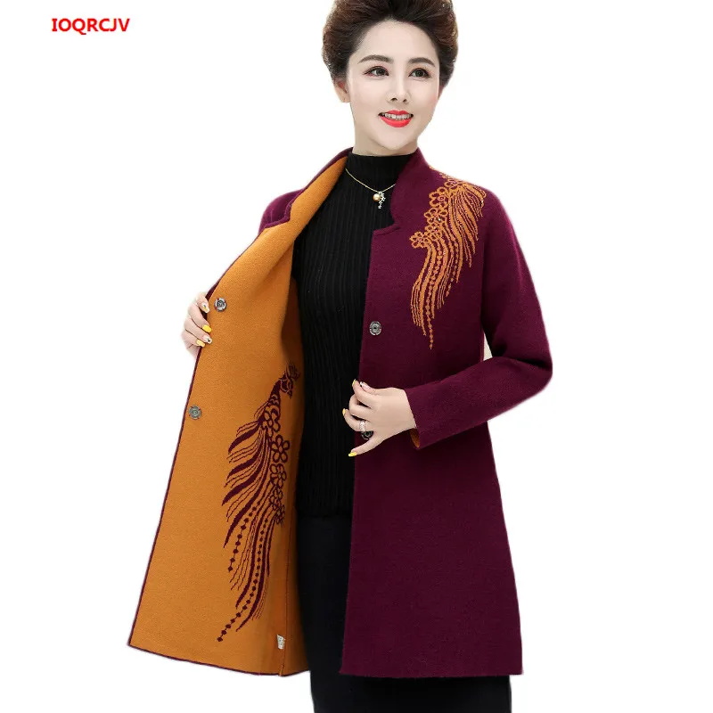 ^Cheap High Quality Women Knit Sweater Cardigan Jacket 2019 Fashion Two Sides Wear Middle Age Mother Wool Sweater Coat Plus Size W1496