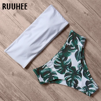 

RUUHEE Bikini 2020 Swimwear Swimsuit Women Print High Waist Bikini Set Strapless Bandeau Bathing Suit Female Beach Wear Biquini