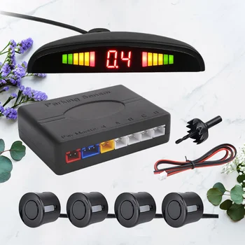 

1 Set of Reversing Radar 4 Probe Buzzing LED Parking Sensor Back up Radar Monitor System (Black)