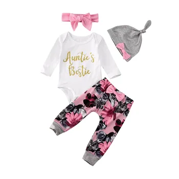 

Newborn Baby Girl Clothes Long Sleeve Romper Top Flower Pants Headband Caps Cotton Holiday 4Pcs Outfit Clothing